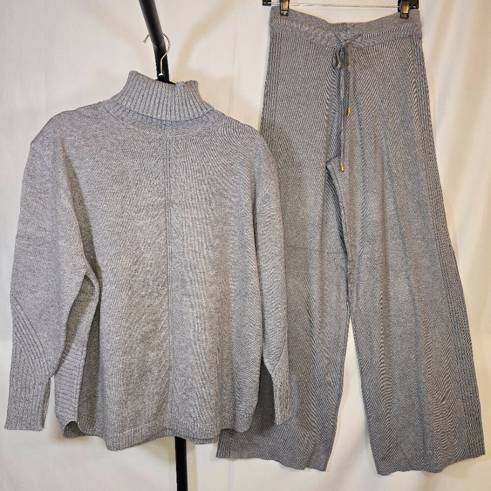 Gray Turtle Neck Rib Knit Pantsuit